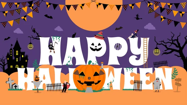 Happy Halloween Vector Banner Illustration Pumpkin House Costume Kids — Stockvektor