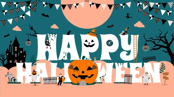 Happy Halloween Vector Banner Illustration Pumpkin House Costume Kids — Stockvektor