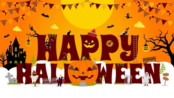 Happy Halloween Vector Banner Illustration Pumpkin House Costume Kids — 스톡 벡터
