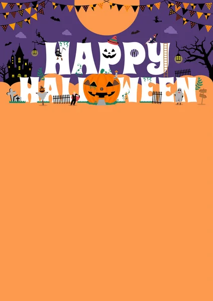 Happy Halloween Vector Banner Illustration Pumpkin House Costume Kids Poster — Stockvektor