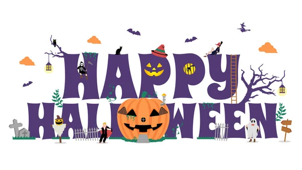 Happy Halloween Vector Illustration Pumpkin House Costume Kids — Stockvektor