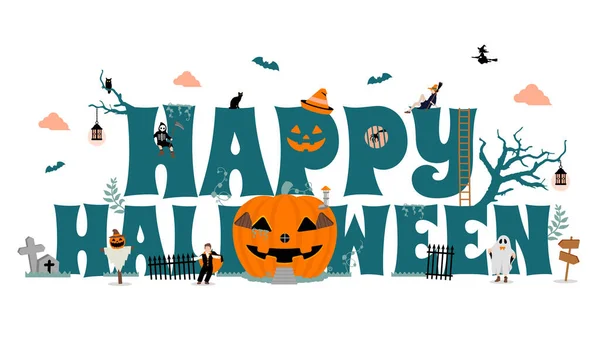 Happy Halloween Vector Illustration Pumpkin House Costume Kids — Stockvektor