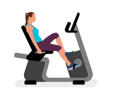 Egzersiz bisikleti süren bir kadının vektör çizimi.