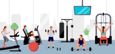 Spor salonunda çalışan insanlar. Yatay vektör gösterimi.