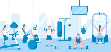 Spor salonunda çalışan insanlar. Yatay vektör gösterimi.
