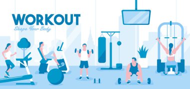 Spor salonunda çalışan insanlar. Yatay vektör gösterimi.