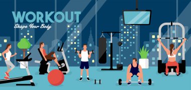 Spor salonunda çalışan insanlar. Yatay vektör gösterimi (Akşam)