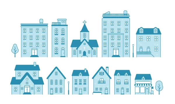 Residence Buildings Houses Flat Design Illustration Set Front View — стоковый вектор
