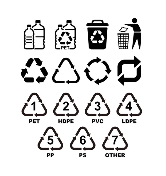 Recycling Symbole Für Plastik Vektor Icon Illustration Set — Stockvektor