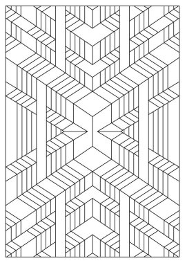 Yetişkinler için portre boyama sayfaları. Mimari fantezi. Çizgi Sanatı tarzında soyut illüstrasyon. Geometrik 3 boyutlu kompozisyon. Siyah ve beyaz desenler. EPS8. Renk- # 377