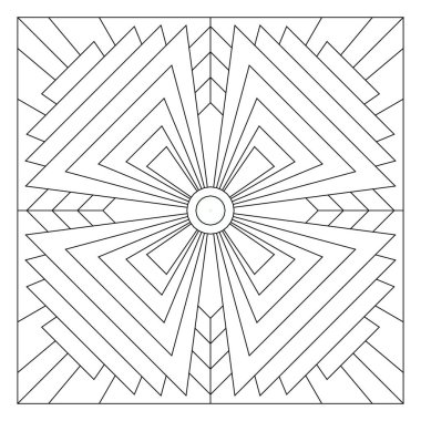 Yaşlılar ve yetişkinler için kolay boyama sayfaları. Döşeme deseni tasarımı. Kiremit kare formunda kağıt çarşafların çeşitli şekillerindeki 4 katlı dönme simetrisinin bileşimi. EPS8 dosyası. 317 numara.