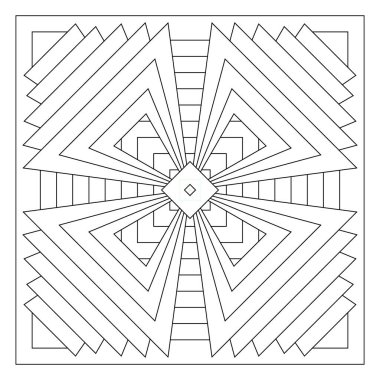 Yaşlılar ve yetişkinler için kolay boyama sayfaları. Döşeme deseni tasarımı. Kiremit kare formunda kağıt çarşafların çeşitli şekillerindeki 4 katlı dönme simetrisinin bileşimi. EPS8 dosyası. 318 numara.