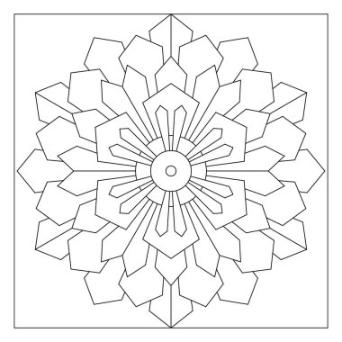 Basit Mandala Tasarımları. Yaşlılar için kolay boyama sayfaları. Altıgen formda çeşitli şekillerin 6 katlı dönüşlü simetrisinden çiçek çizimi. EPS8 dosyasındaki döşeme deseni. 328 numara.