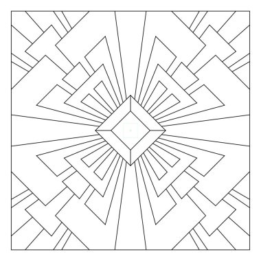 Yaşlılar ve yetişkinler için kolay boyama sayfaları. Döşeme deseni tasarımı. Kiremit kare formunda kağıt çarşafların çeşitli şekillerindeki 4 katlı dönme simetrisinin bileşimi. EPS8 dosyası. 322 numara.