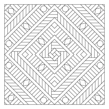 Yaşlılar ve yetişkinler için kolay boyama sayfaları. Döşeme deseni tasarımı. Çember süslemelerle kesişen ve üst üste binen çizgilerin bileşimi. EPS8 dosyası. 289 numara.