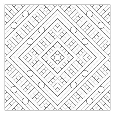 Yaşlılar ve yetişkinler için kolay boyama sayfaları. Döşeme deseni tasarımı. Çember süslemelerle kesişen ve üst üste binen çizgilerin bileşimi. EPS8 dosyası. 287 numara.