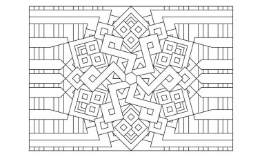 Yetişkinler için manzara boyama sayfaları. Renk- # 229 Renklendirme Sayfası altıgen mandala ve arka planda çizgili desenler var. EPS8 dosyası.