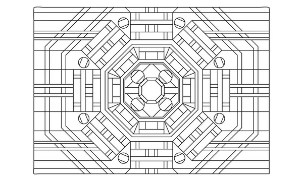 Yetişkinler için manzara boyama sayfaları. Renklendirme: Sekizgen mandalanın 230 numaralı boyama sayfası. Arka planda şeritler ve kareler şeklinde varyasyonlar var. EPS8 dosyası.
