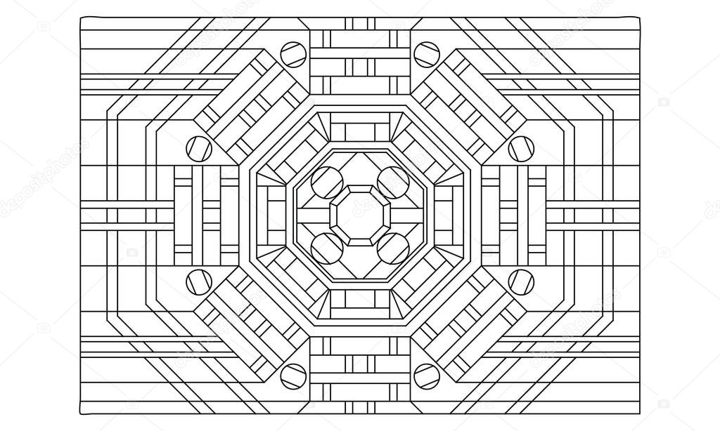 Landscape coloring pages for adults. Coloring-#230 Coloring Page of octagonal mandala with variations in stripes and squares pattern on the background. EPS8 file.