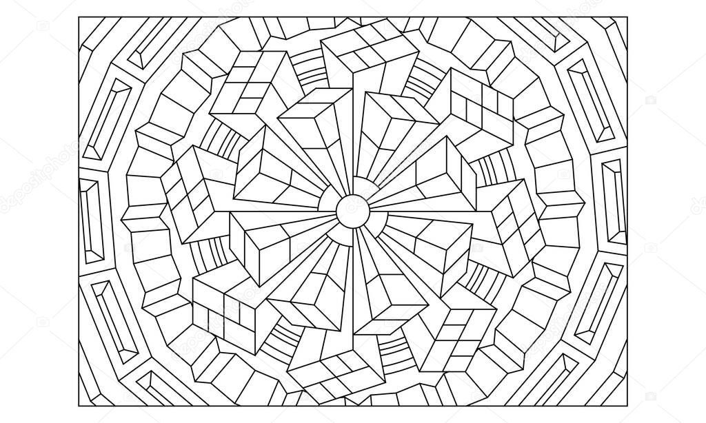 Landscape coloring pages for adults. Coloring-#236 Coloring Page of octagonal 3D mandala pattern. Extended version. EPS8 file.