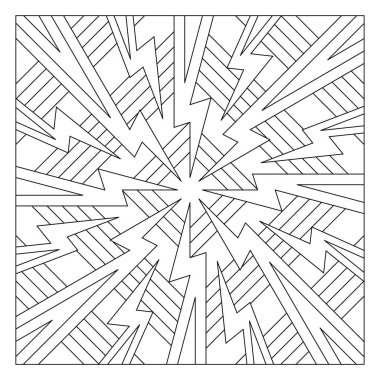 Yaşlılar için kolay boyama sayfaları. Döşeme deseni tasarımı. 8 'li kutup dizisi ya da arkaplanda dikdörtgen elmasların olduğu dairesel bir formda 8 adet yıldırımın düzenlenmesi. EPS8. 280 numara.