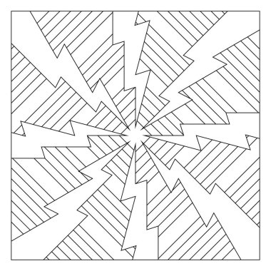 Yaşlılar için kolay boyama sayfaları. Döşeme deseni tasarımı. 8 'li kutup dizisi ya da arkaplanda dikdörtgen elmasların olduğu dairesel bir formda 8 adet yıldırımın düzenlenmesi. EPS8. 282 numara.