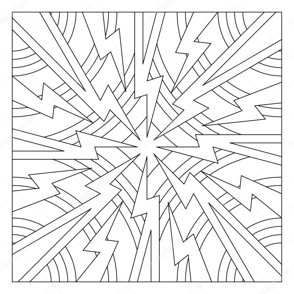Easy coloring pages for seniors. Tile pattern design. The polar array of 8 or the arrangement of 8 copies of the lightnings in a circular form with circles on every corner of the frame. EPS8. #278.