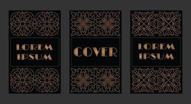 Set of decorative openwork rectangular frames or covers with gold snowflake pattern. Elegant design elements. Template for luxury packaging, black label, poster, card, cover, ad, etc. EPS10 #03
