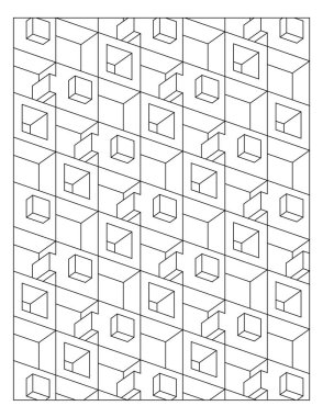 Kutuları ve küpleri istiflemenin 3 boyutlu illüzyon kalıbı. Eğlenceli boyama sayfaları. Dijital detoks. EPS8 #465