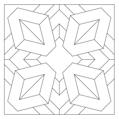 Soyut kristal şeklindeki üç boyutlu çizim elmas şekilli bir dikdörtgen ile birleştirilmiş dört köşeye kopyalanmış. Dijital detoks için kolay boyama sayfası. EPS8 #496