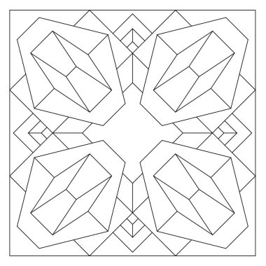 Soyut şeylerin 3 boyutlu görüntüsü elmas şekilli bir dikdörtgen ile birleştirilmiş 4 köşeye kopyalanmış. Dijital detoks için kolay boyama sayfası. EPS8 #495