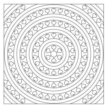 Kalp şeklindeki motiflerle, farklı boyutlarda büyüyen halo görüntüler. Dijital detoks için kolay boyama sayfası. EPS8 #492