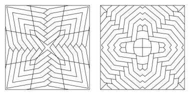 Yetişkin boyama sayfaları. Özmerkezli soyut şekillerden oluşan iki resim seti. Siyah ve beyaz desenler. Dijital detoks. Stres önleyici. EPS8 #551