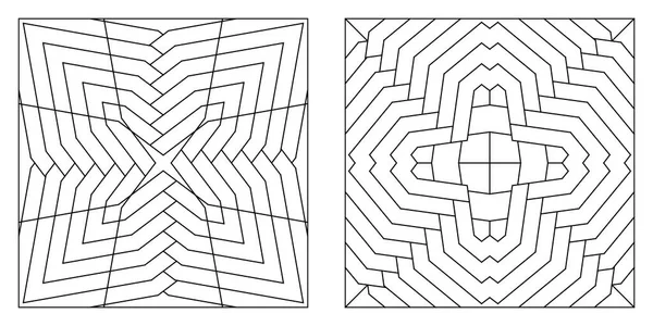 Yetişkin boyama sayfaları. Özmerkezli soyut şekillerden oluşan iki resim seti. Siyah ve beyaz desenler. Dijital detoks. Stres önleyici. EPS8 #551