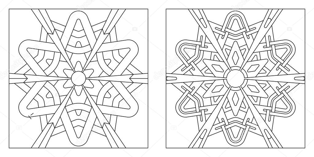 Adult coloring pages. Set of two pictures of hexagon stars radiating six rays. Black and white patterns. Digital detox. Anti stress. EPS8 #511
