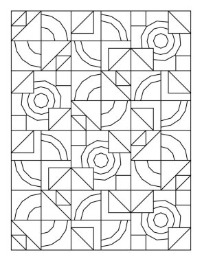Geometrik yapboz tasarımlı yetişkin boyama sayfası. Siyah ve beyaz desenli. Stres ve kaygı giderici. EPS8 #569