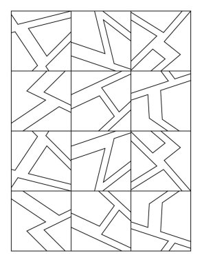 Boyama sayfası. 12 kırık kiremit çizimi. Siyah ve beyaz desenli. Stres ve kaygı giderici. Soyut duvar resmi tasarımı. EPS8 #579