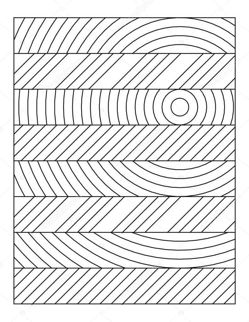 Coloring page. Slashes that intersect a concentric circle. Black and white pattern. Relieve stress and anxiety. Mural art design. EPS8 #580