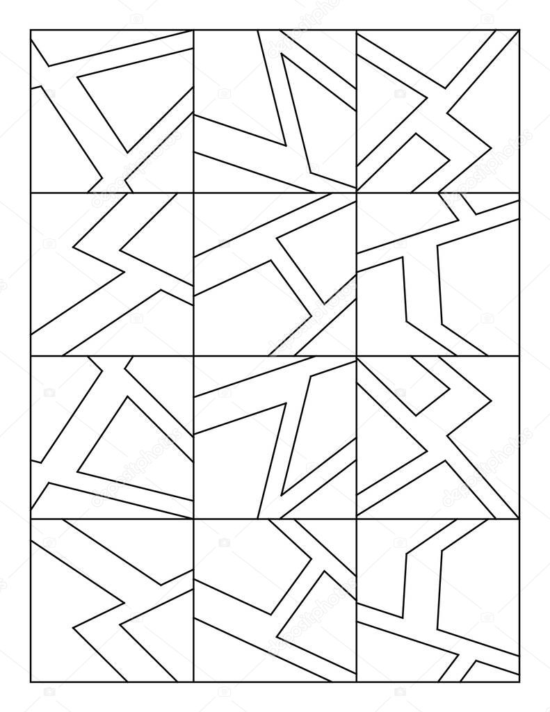 Coloring page. A drawing of 12 broken tiles. Black and white pattern. Relieve stress and anxiety. Abstract mural art design. EPS8 #579