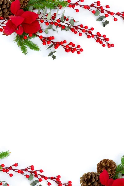 Decoração Natal Quadro Bagas Vermelhas Flor Poinsettia Vermelha Árvore Natal — Fotografia de Stock