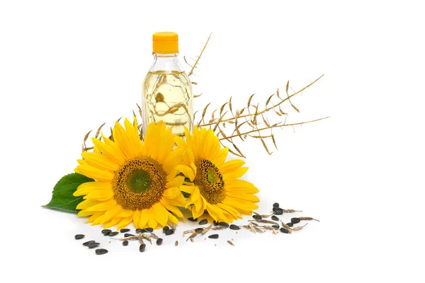 Flasche Mit Einer Mischung Aus Nützlichen Sonnenblumen Und Rapsölen Mit — Stockfoto