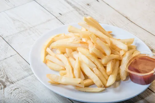 French Fries Asian Street Food White Plate Wooden Floor French — Stock Photo, Image