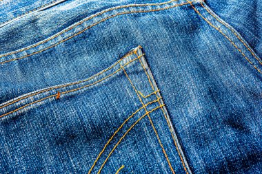 Kot pantolon, mavi kot kumaş dokusu, klasik kot pantolon dokusu, yakın çekim. Reklam veya klasik arkaplan için kopyalama alanı olan kot dokusunun mavi rengi.