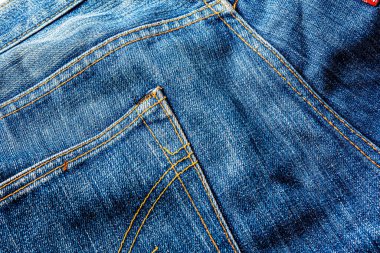 Kot pantolon, mavi kot kumaş dokusu, klasik kot pantolon dokusu, yakın çekim. Reklam veya klasik arkaplan için kopyalama alanı olan kot dokusunun mavi rengi.