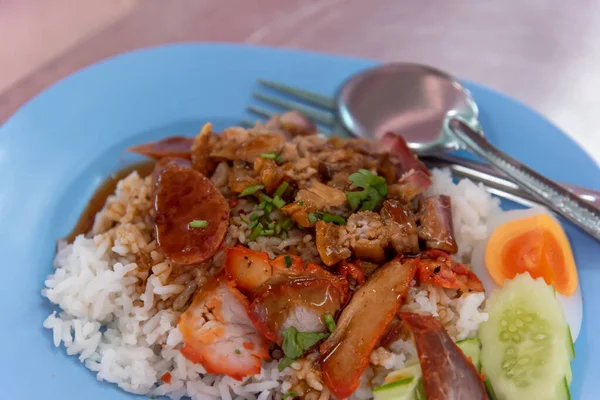 Arroz Cerdo Rojo Comida Callejera Asiática Disponible Las Horas Del — Foto de Stock