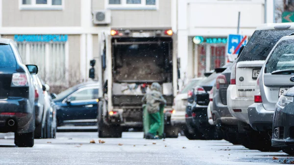 Camión Basura Carro Basura Con Ascensor Eliminación Residuos Domésticos Zona — Foto de Stock