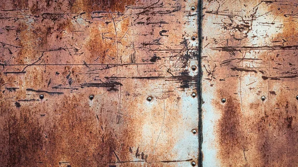 Rusty Metal Background Scratches Stains Rivets Seams Textured Iron Wall — Foto Stock