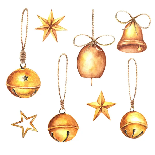 ヴィンテージの黄金の鐘と星 白に隔離された水の色のクリスマスセット — ストック写真