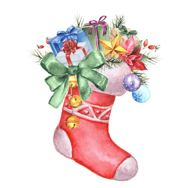 Medias Navidad Acuarela Dibujado Mano Con Regalos Bolas Poinsettia Ramas —  Fotos de Stock