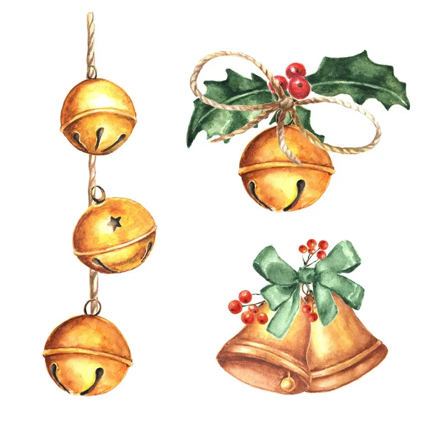 Acuarela Conjunto Navidad Con Campanas Oro Vintage —  Fotos de Stock
